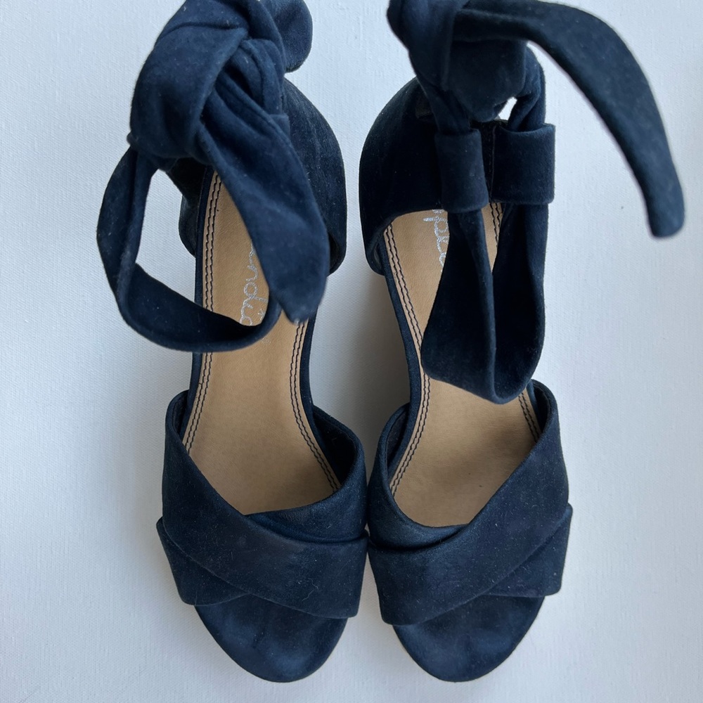 Espadrille wedges with plush, suede ankle ties